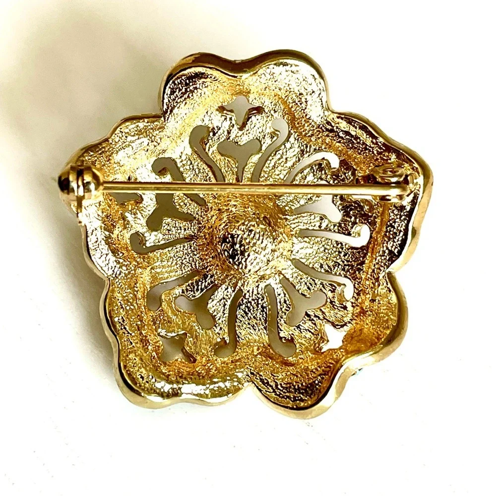 Vintage Gold Tone Floral Brooch Pearl Center Rhinestone Green Blue Flower Pin